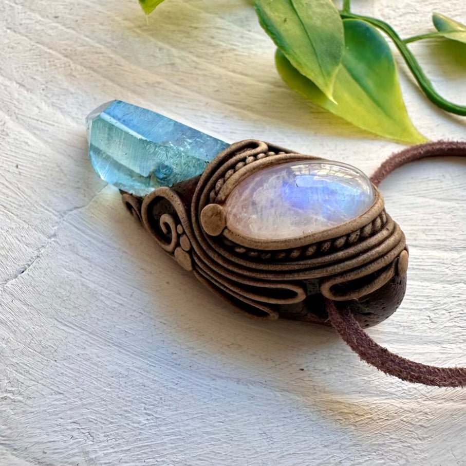 Rainbow Moonstone and Aqua Aura Quartz Necklace, Healing Crystal Jewelry - FairyGardenGlow