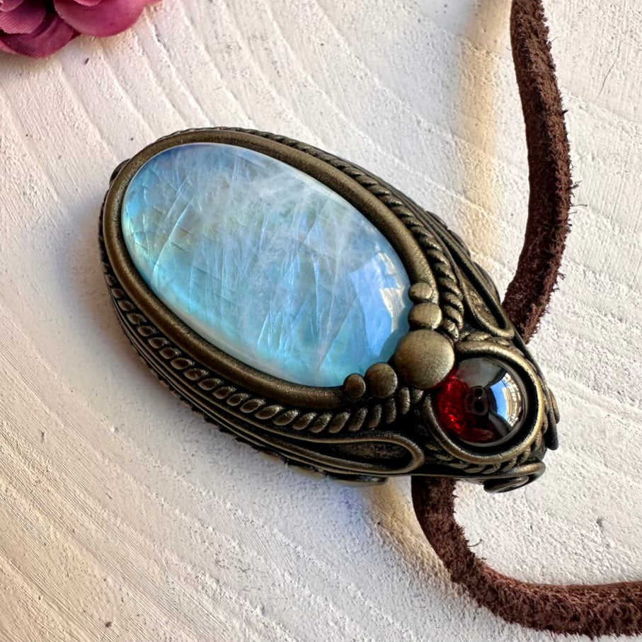 Natural gemstone pendant featuring Rainbow Moonstone and Red Garnet