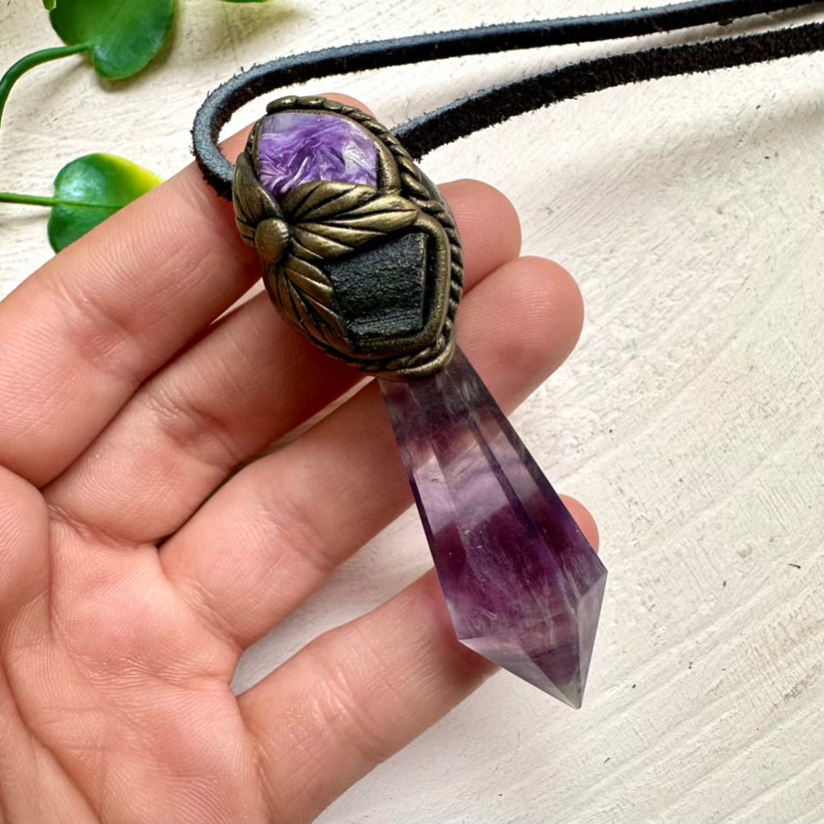 Natural healing stone necklace – Fluorite, Moldavite and Charoite