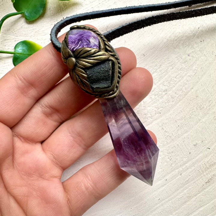 Natural healing stone necklace – Fluorite, Moldavite and Charoite
