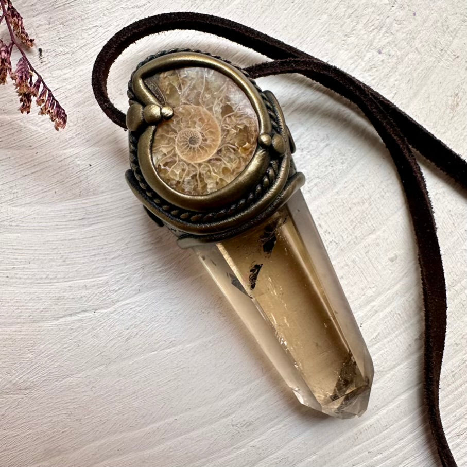 Natural polished Citrine and Ammonite crystal pendant – wearable healing wand
