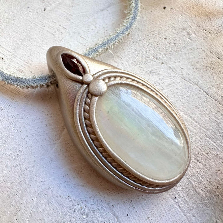 Necklace with Rainbow Moonstone & Garnet – Intuition & Strength Crystal Jewelry
