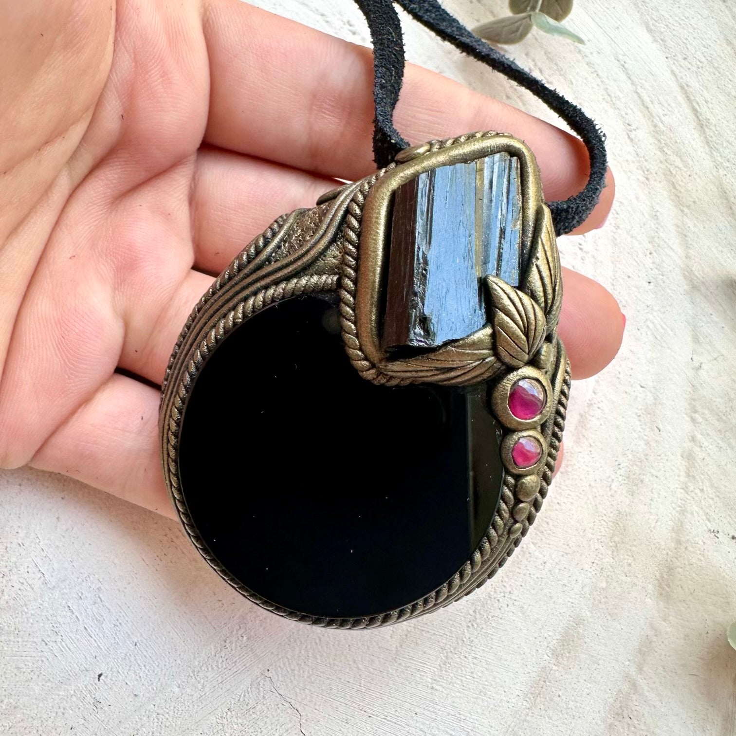 Obsidian Scrying Mirror Necklace with Black Tourmaline & Garnet – Protection & Grounding Crystal Jewelry