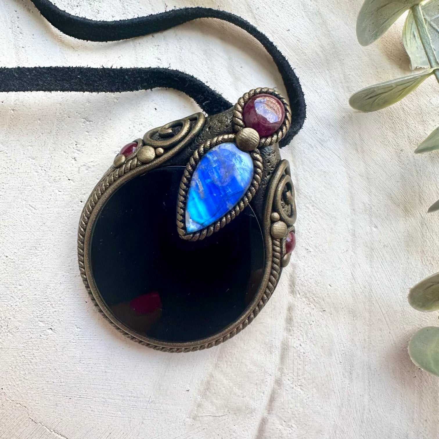 Obsidian Scrying Mirror Necklace with Rainbow Moonstone, Ruby & Garnet – Spiritual Crystal Jewelry
