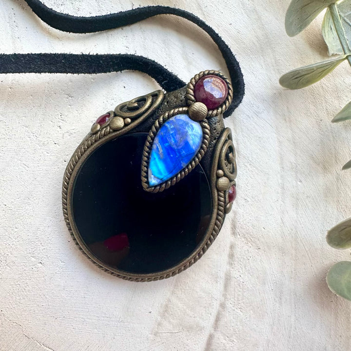 Obsidian Scrying Mirror Necklace with Rainbow Moonstone, Ruby & Garnet – Spiritual Crystal Jewelry