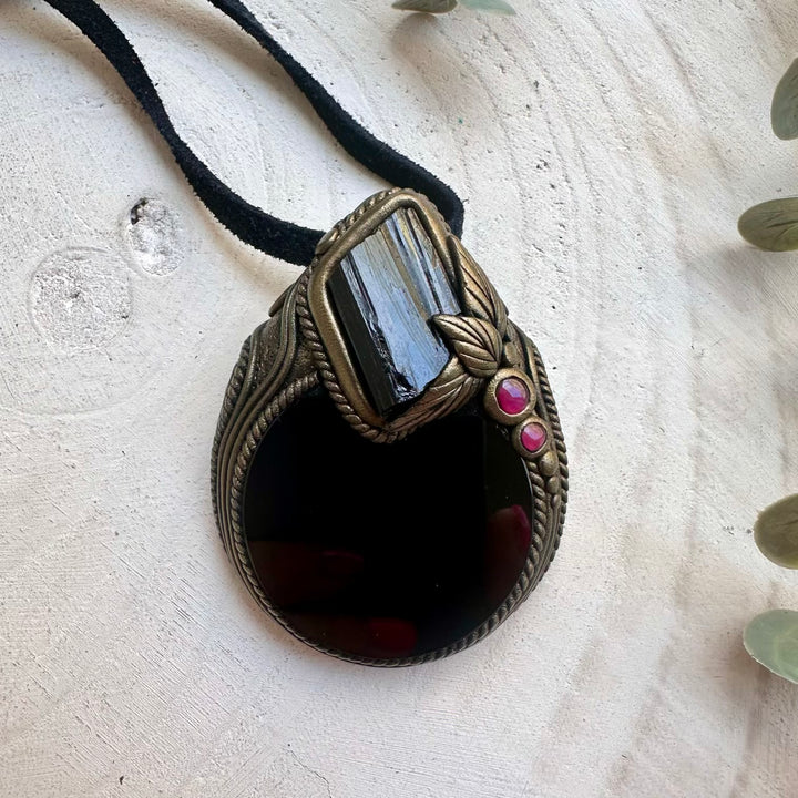 Obsidian mirror jewelry with Black Tourmaline and Garnet accents