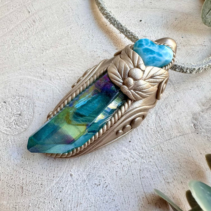 Ocean Crystal Necklace with Larimar Heart and Aqua Aura Quartz – Calm Energy Jewelry