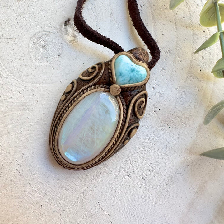 One of a kind Larimar heart and Moonstone crystal necklace