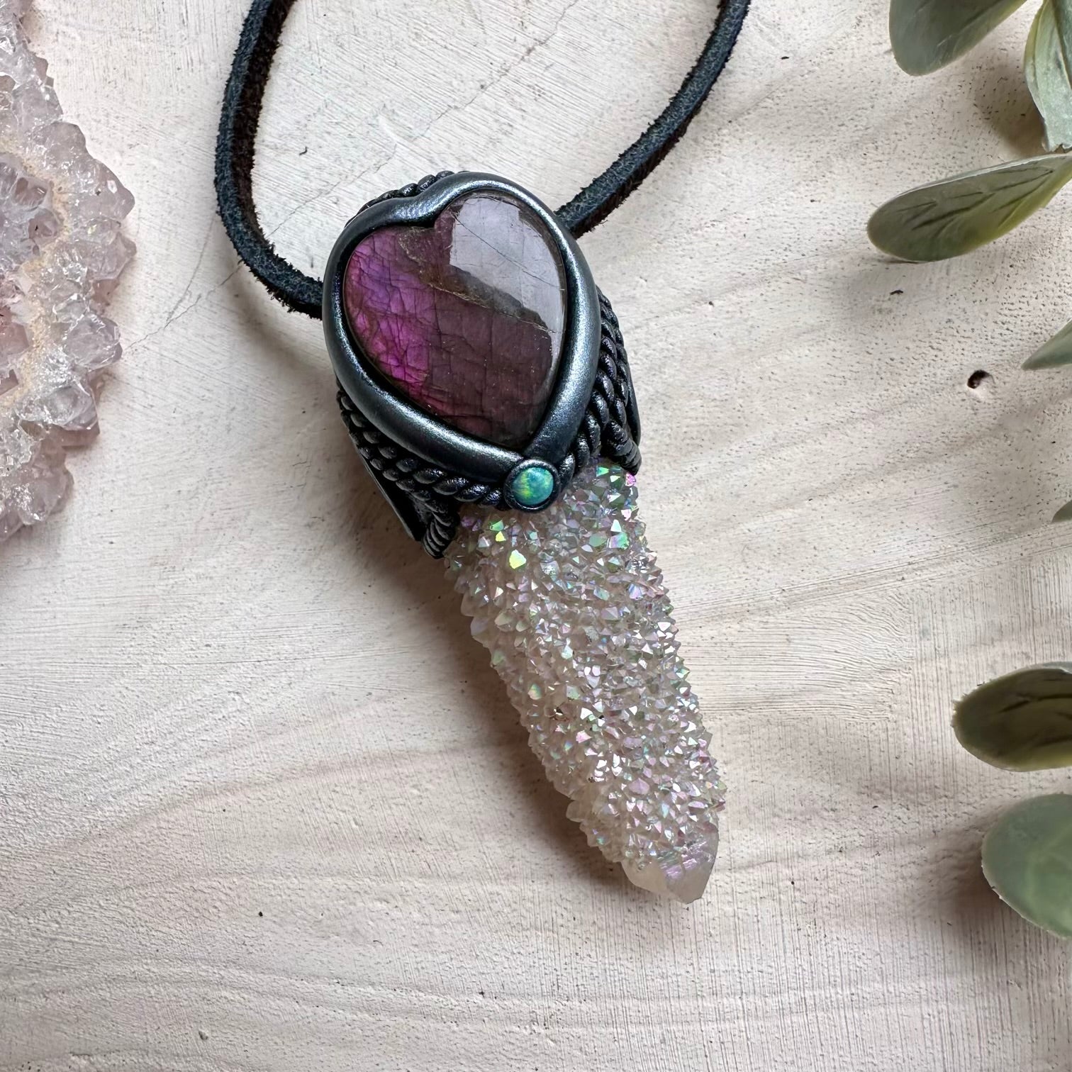 One of a kind aura quartz and labradorite gemstone necklace