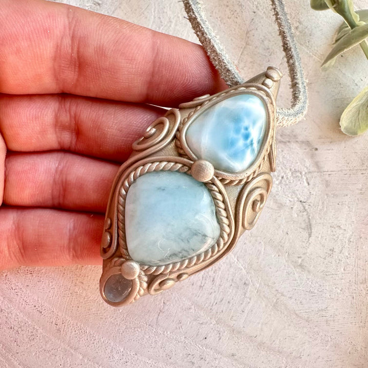 One of a kind crystal necklace with aquamarine larimar and clear topaz
