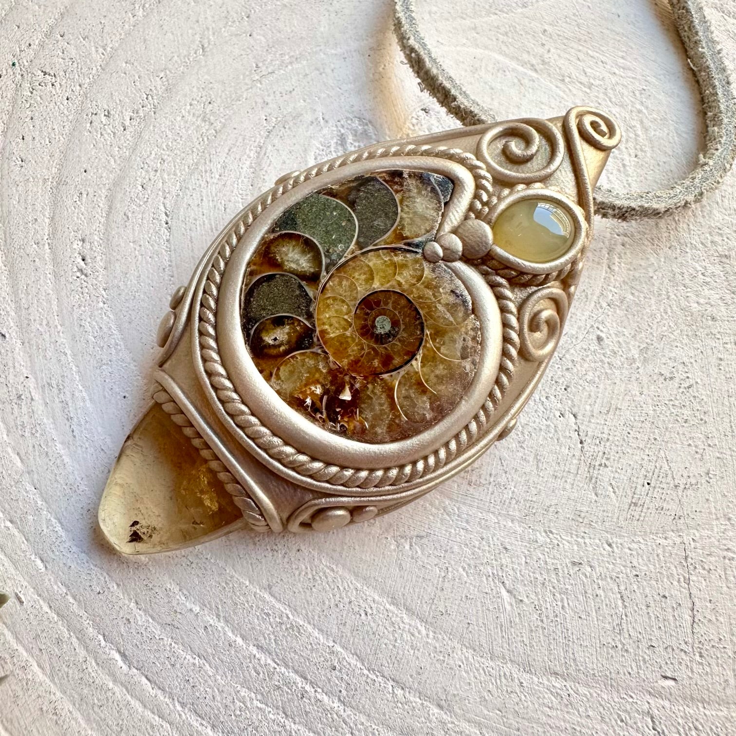 One of a kind crystal necklace handmade with clay ammonite fossil chlacedony and citrine