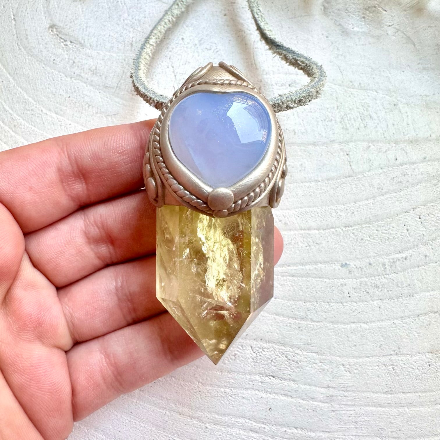One of a kind crystal necklace handmade spiritual gemstone pendant citrine and chalcedont