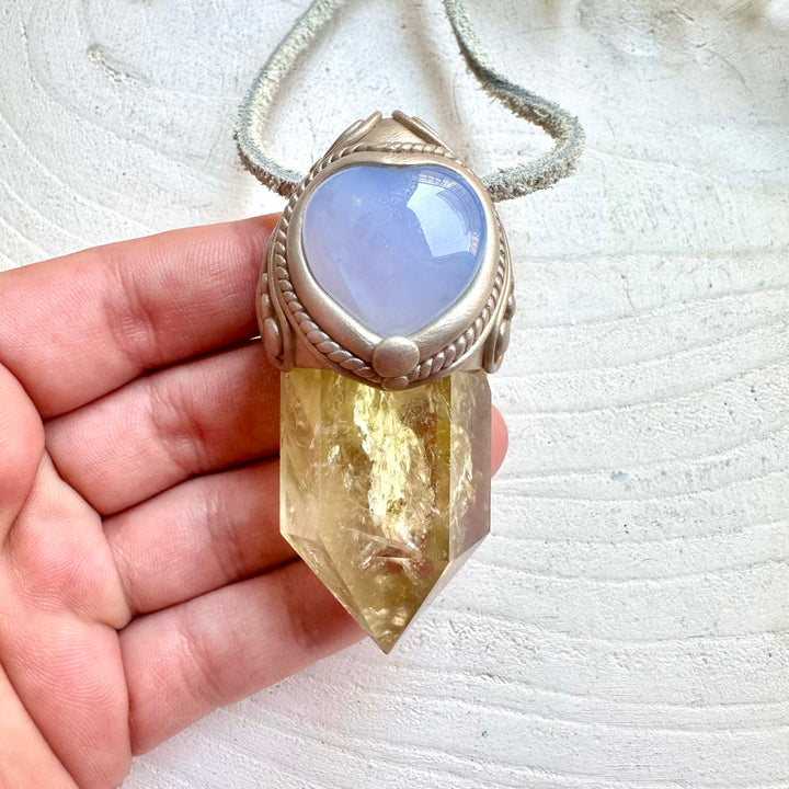 One of a kind crystal necklace handmade spiritual gemstone pendant citrine and chalcedont