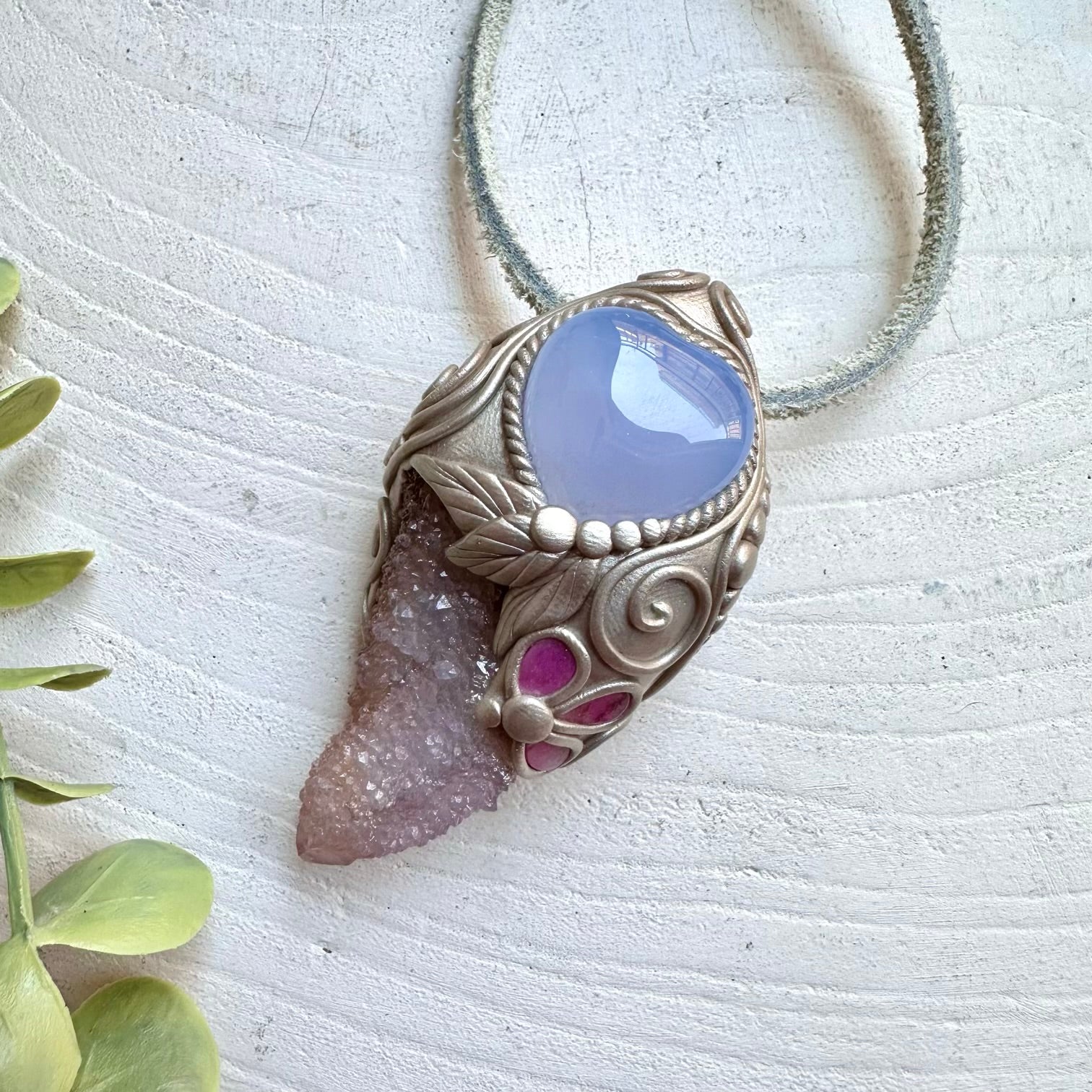 One of a kind crystal wand pendant with spirit quartz chalcedony and tourmaline