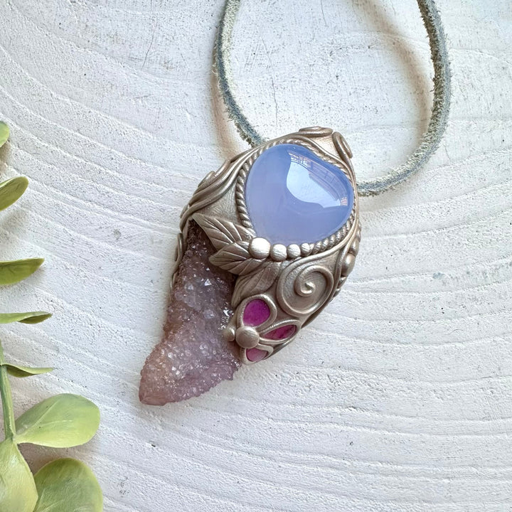 One of a kind crystal wand pendant with spirit quartz chalcedony and tourmaline