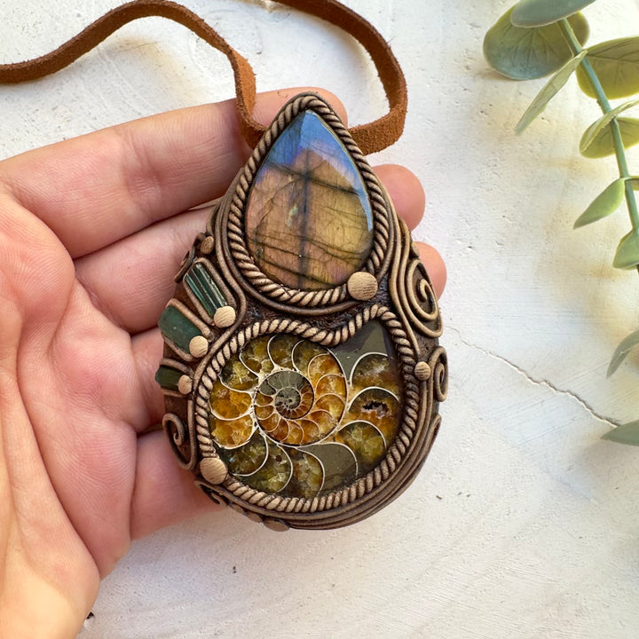 One of a kind fossil crystal necklace with ammonite centerpiece