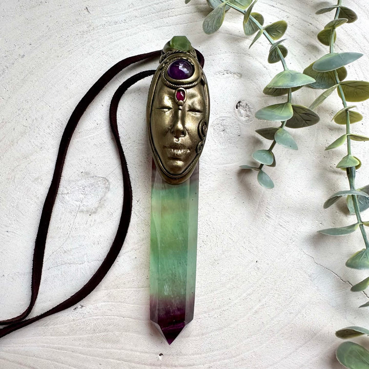 Handmade Goddess Crystal Wand Pendant – Rainbow Fluorite, Peridot & Rhodolite Garnet