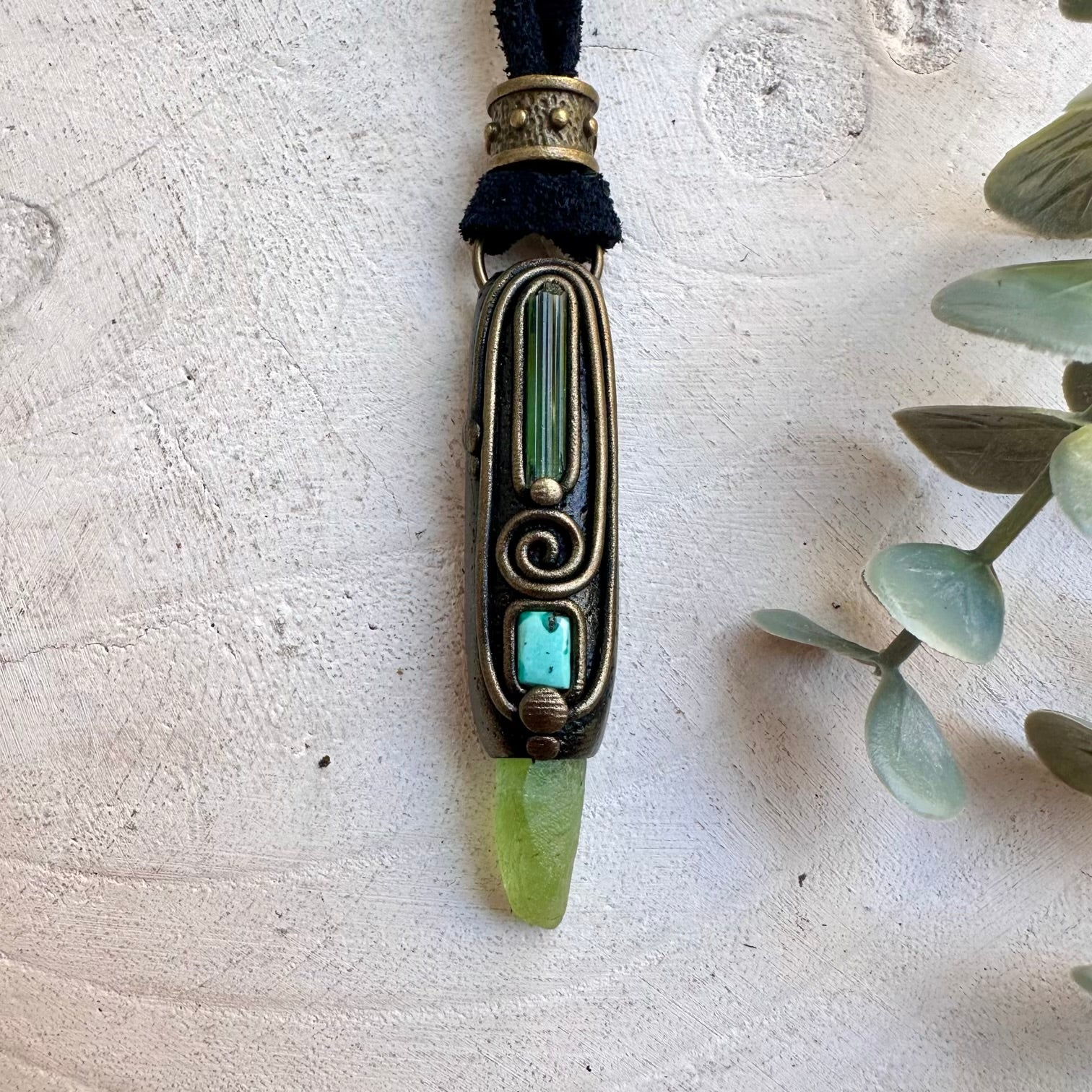 Peridot, Green Tourmaline & Tibetan Turquoise Pendant Necklace – Healing Crystal Jewelry, Abundance & Protection Amulet