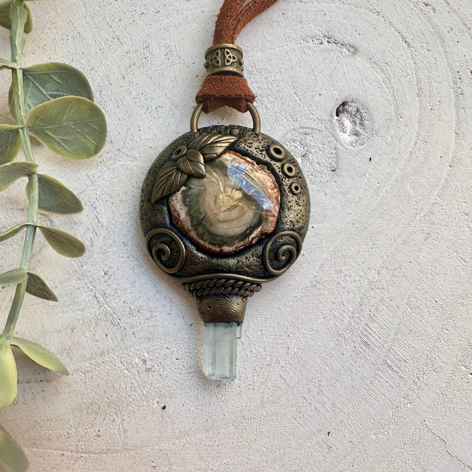 Petrified Wood & Aquamarine Necklace – Handmade Gemstone Pendant, Healing Crystal Jewelry, Grounding & Calm Energy