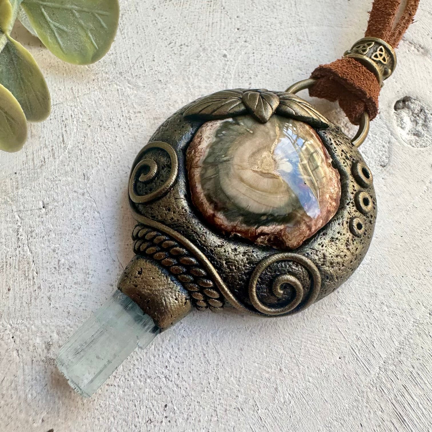Petrified Wood and Aquamarine Necklace – Unisex Healing Crystal Pendant, Grounding Jewelry
