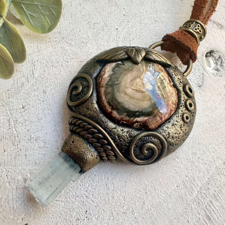 Petrified Wood and Aquamarine Necklace – Unisex Healing Crystal Pendant, Grounding Jewelry