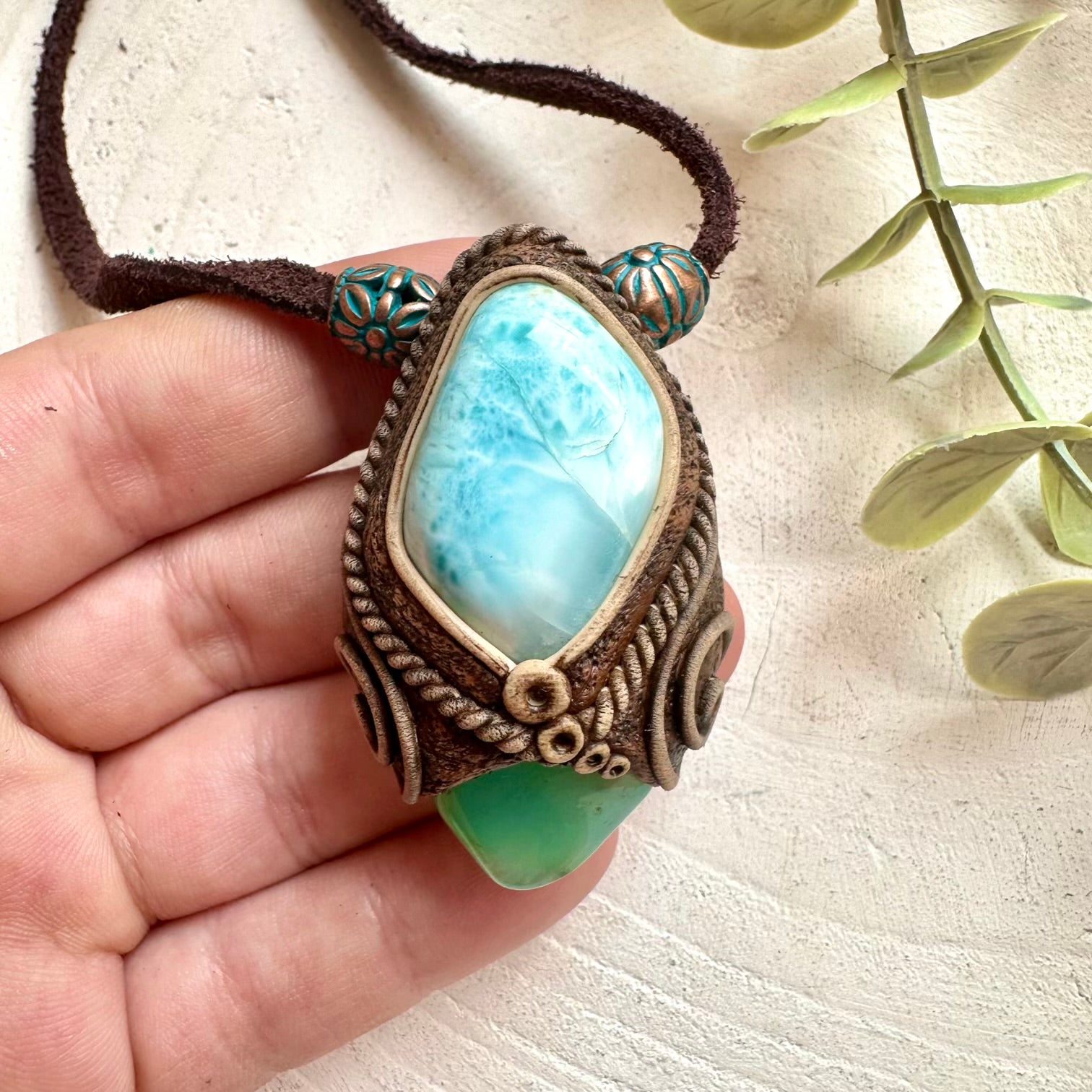 Protection amulet crystal necklace with Larimar and Chrysoprase