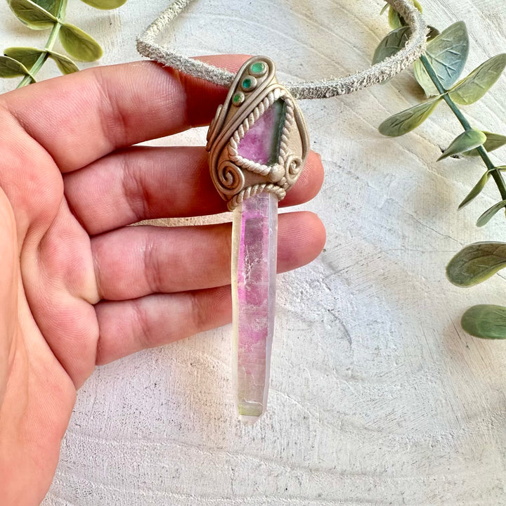 Protection amulet crystal necklace with angel aura quartz and emerald gemstones