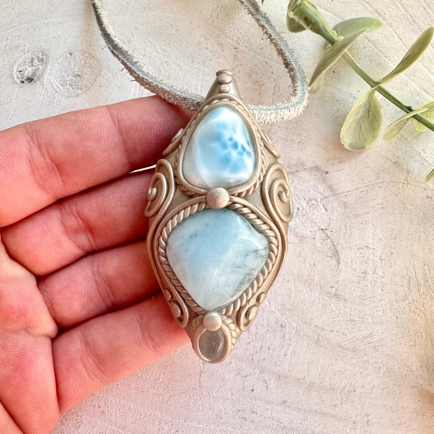 Protection amulet crystal necklace with aquamarine, larimar, and clear topaz gemstones