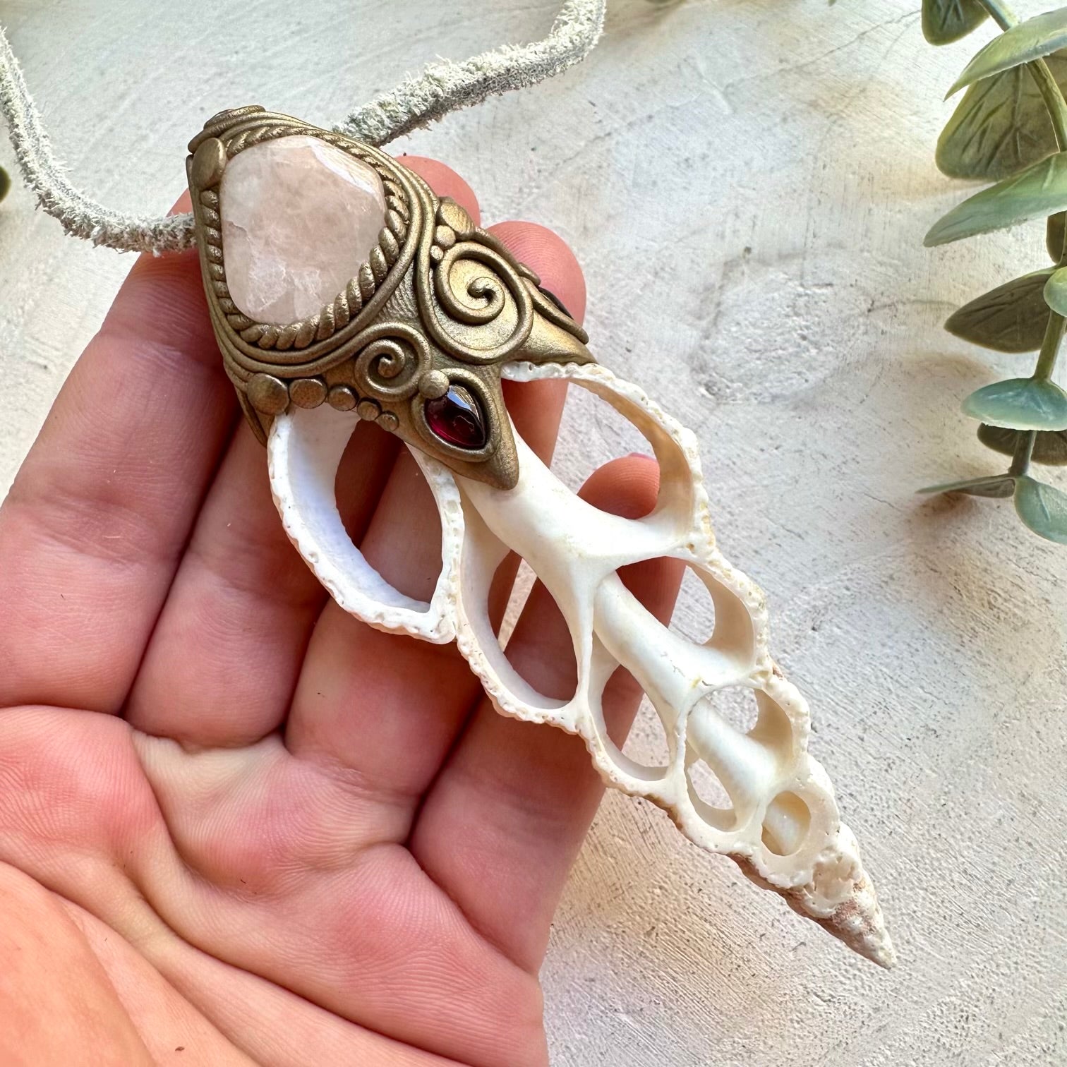 Protection amulet crystal necklace seashell and heart chakra gemstones