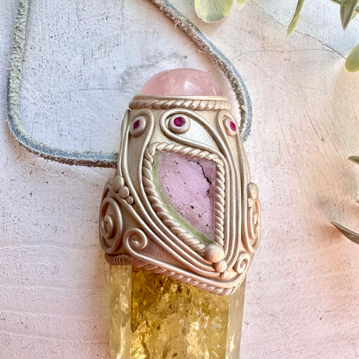 Protection amulet crystal wand with citrine and rose quartz gemstones