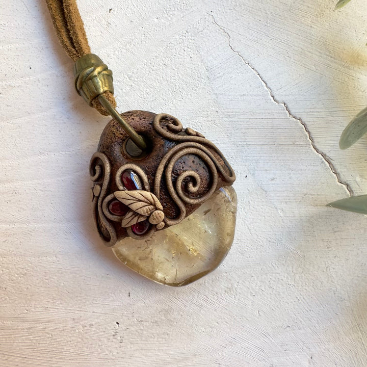Protection amulet necklace with Citrine crystal and Garnet stone