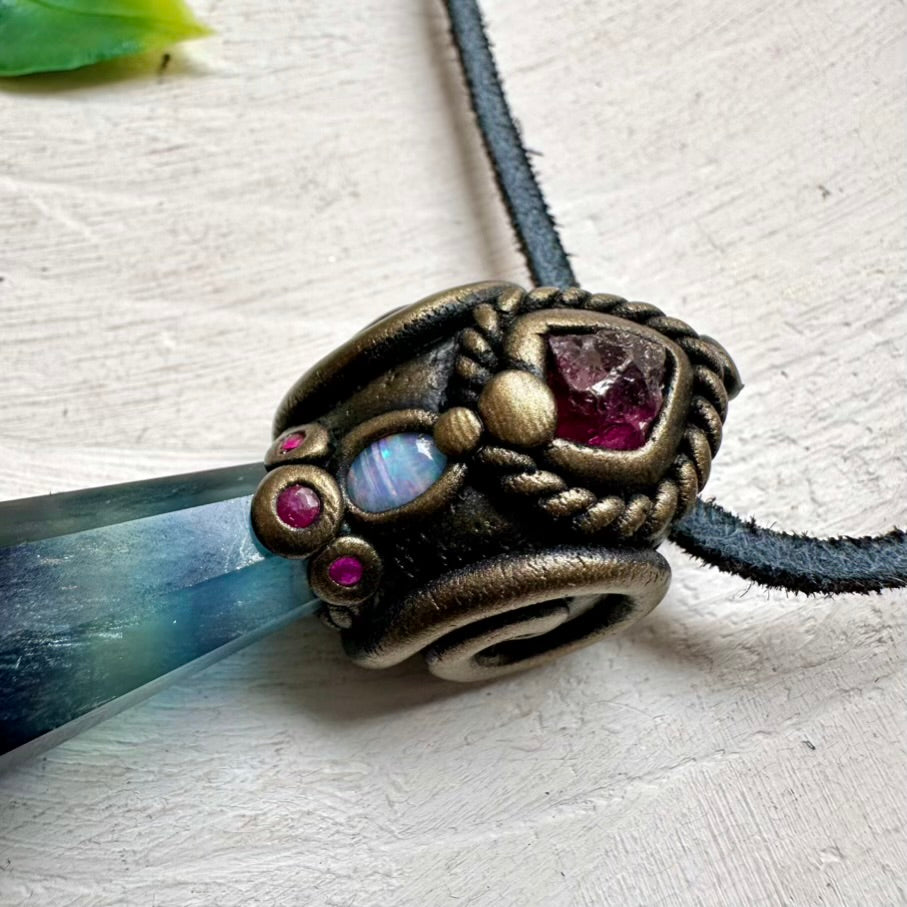Protection handmade necklace with Fluorite, Ruby and Australian Opal