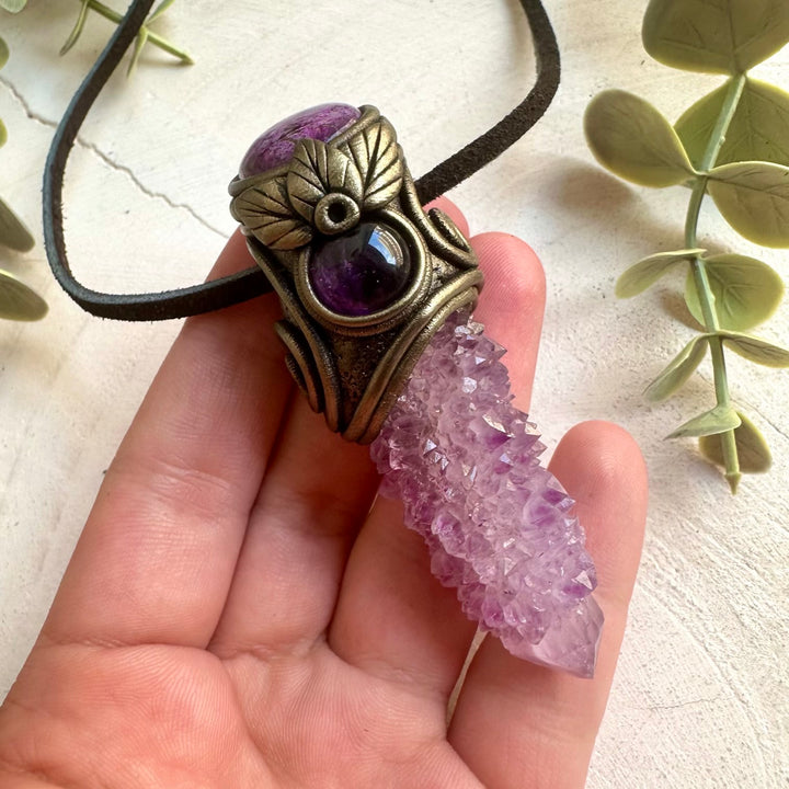 Handmade Deep Purple Spirit Quartz pendant necklace featuring Stichtite and Amethyst, a one of a kind crystal talisman designed for spiritual awakening, emotional healing, inner peace and higher consciousness.