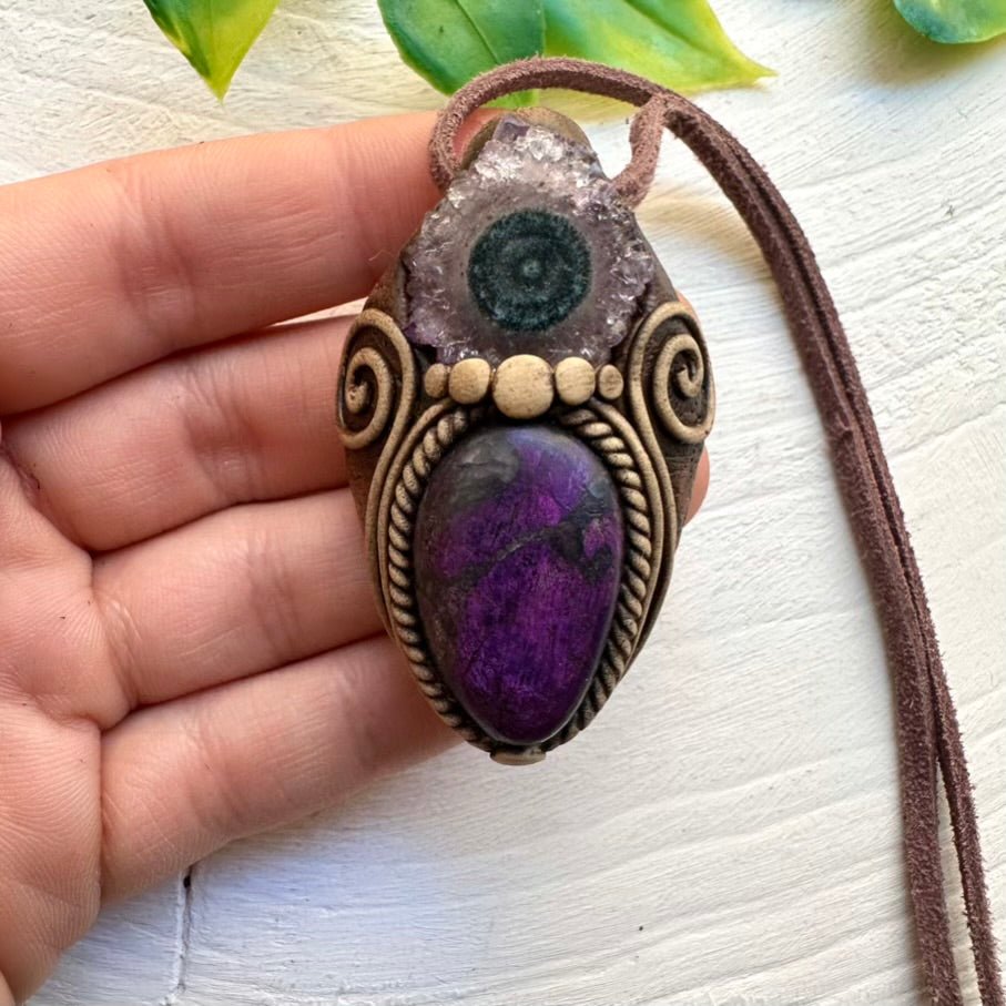 Purpurite and Amethyst Stalactite Pendant Necklace, Handmade Jewelry - FairyGardenGlow