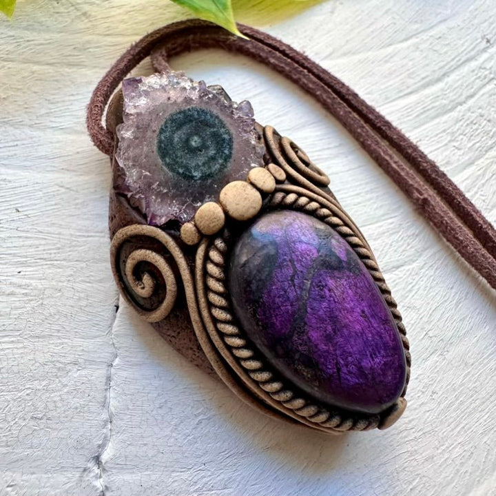 Purpurite and Amethyst Stalactite Pendant Necklace, Handmade Jewelry - FairyGardenGlow