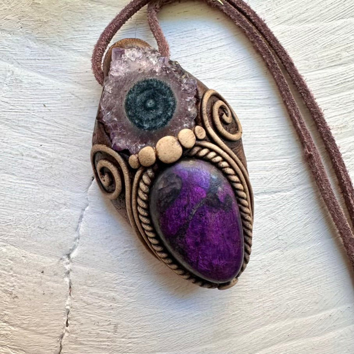 Purpurite and Amethyst Stalactite Pendant Necklace, Handmade Jewelry - FairyGardenGlow