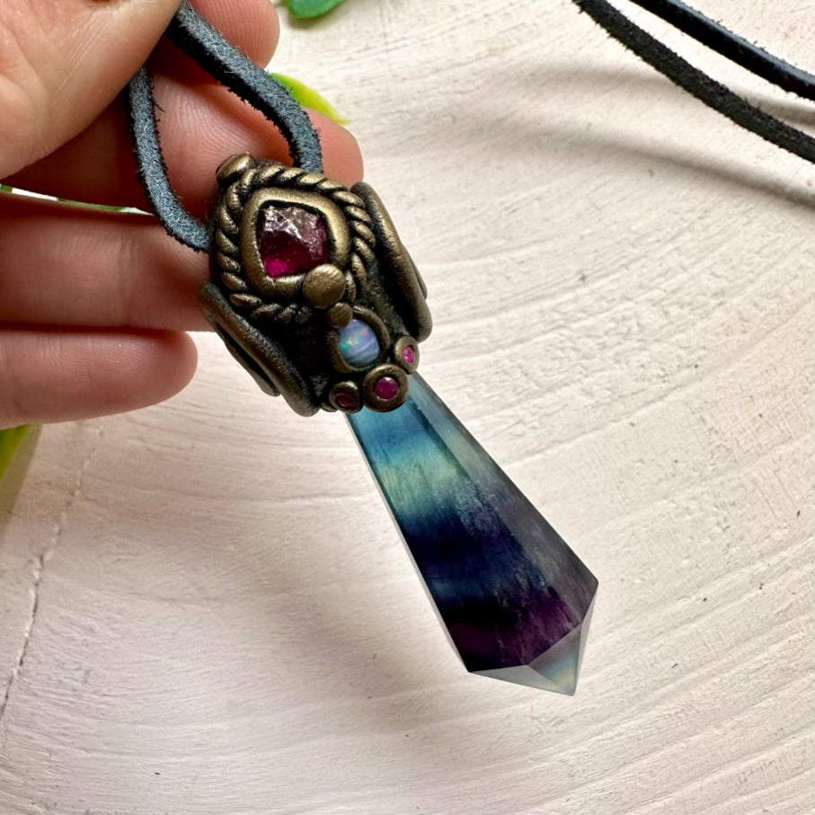 Rainbow-blue Fluorite necklace with Rhodolite Garnet, Ruby and Australian Opal