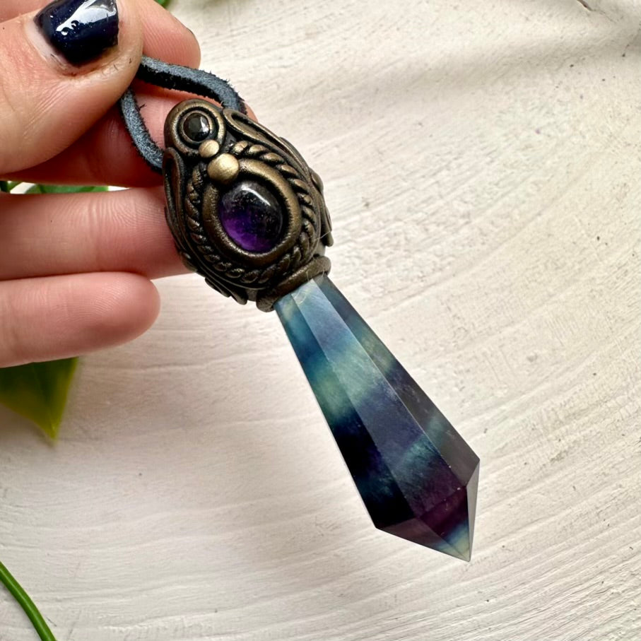 Rainbow Fluorite, Amethyst and Blue Sapphire necklace – healing crystal pendant