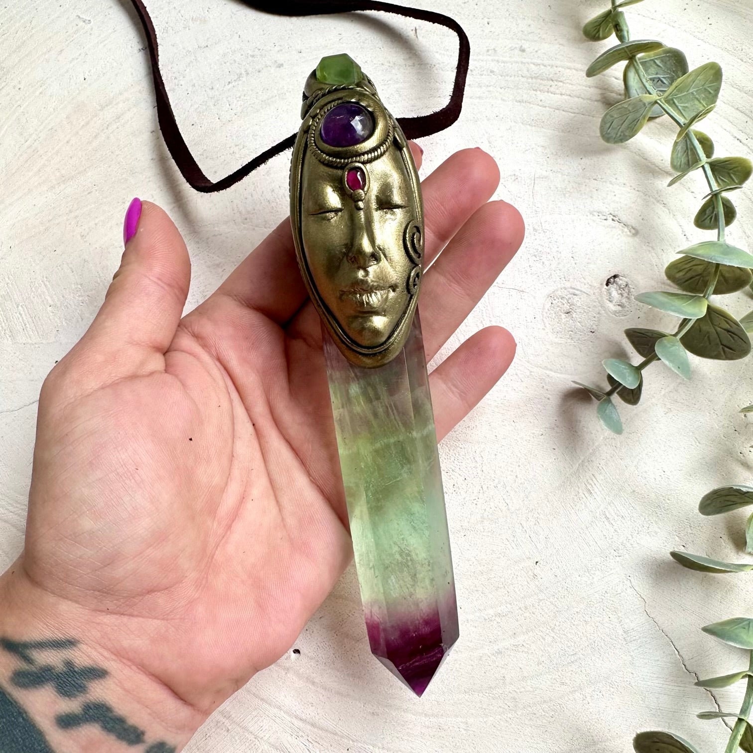 Rainbow Fluorite Goddess Wand Necklace with Peridot, Amethyst & Garnet – Healing Crystal Jewelry