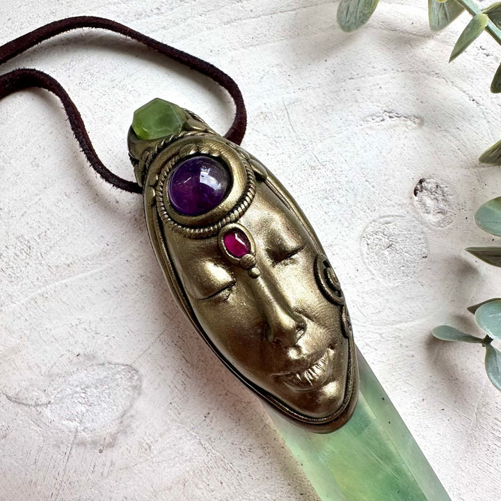 Goddess healing crystal wand pendant with Rainbow Fluorite, Peridot, Amethyst and Rhodolite Garnet