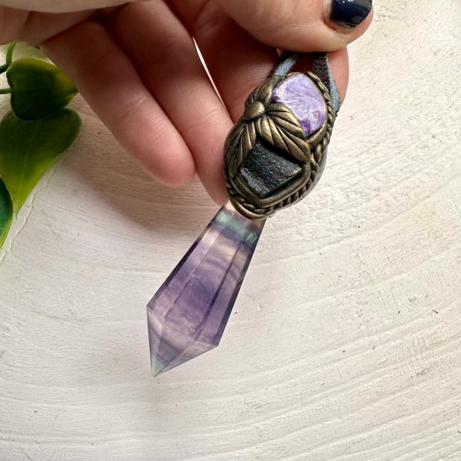 Rainbow Fluorite point, Moldavite and Charoite necklace – spiritual jewelry