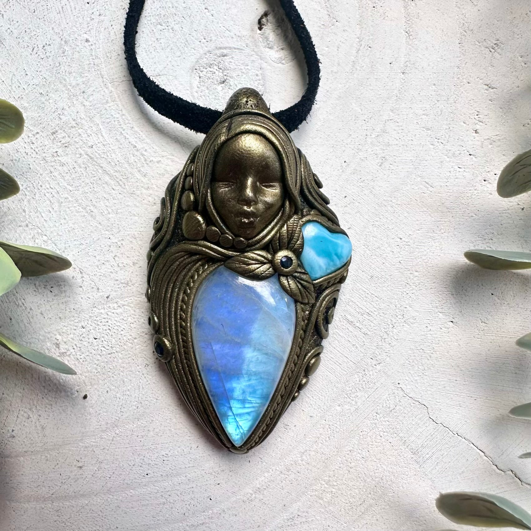 Rainbow Moonstone, Larimar Heart & Blue Sapphire Necklace – Spiritual Goddess Jewelry
