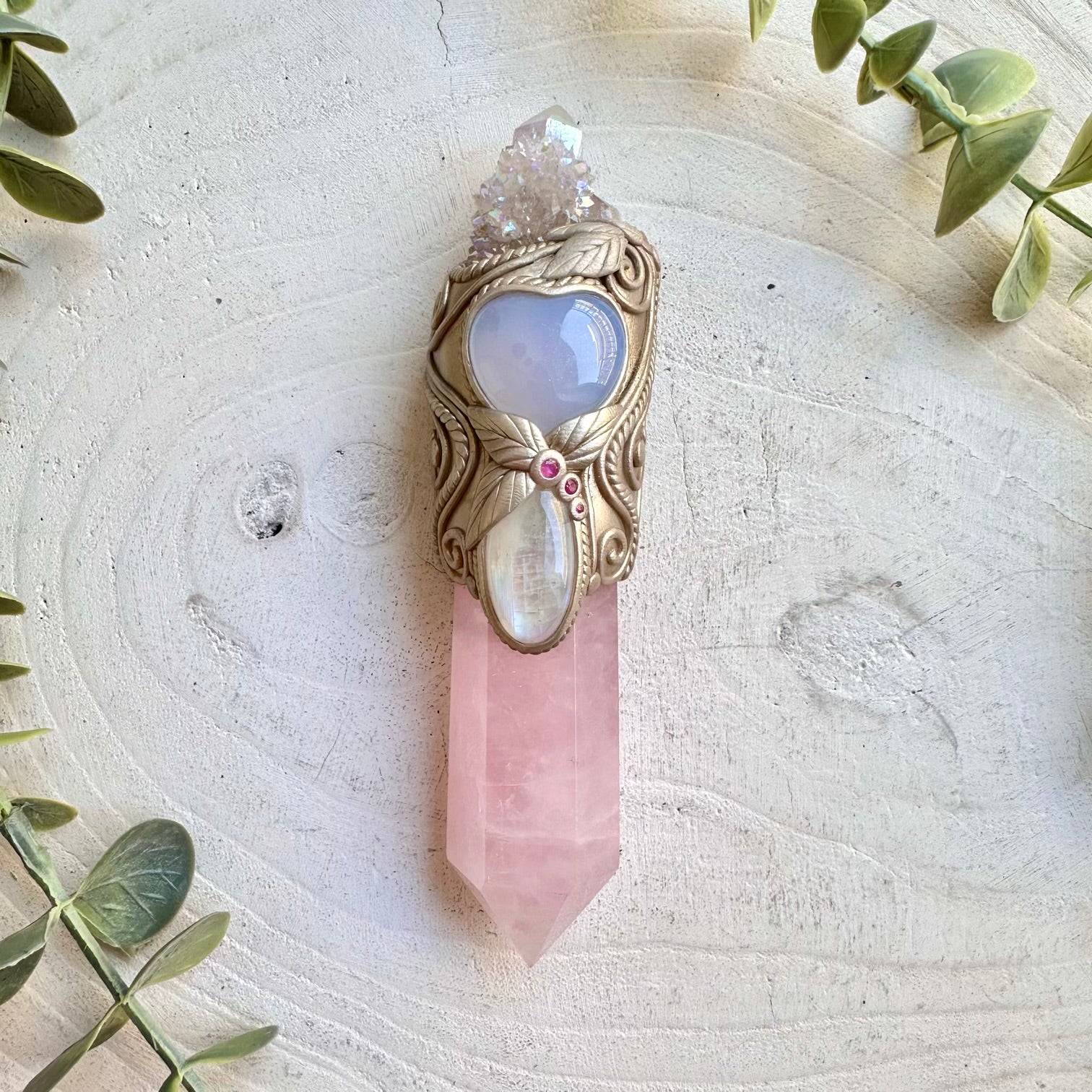 Rainbow Moonstone and Ruby handmade healing tool