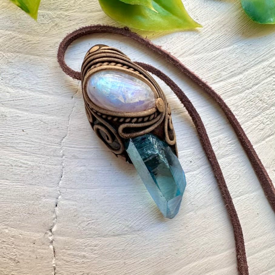 Rainbow Moonstone and Aqua Aura Quartz Necklace, Healing Crystal Jewelry - FairyGardenGlow