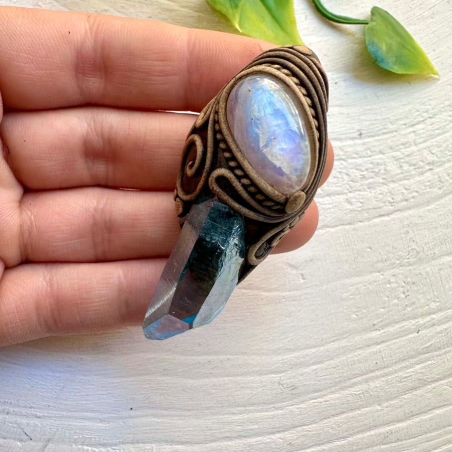 Rainbow Moonstone and Aqua Aura Quartz Necklace, Healing Crystal Jewelry - FairyGardenGlow