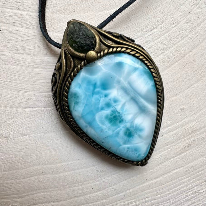 Large Larimar and Moldavite Pendant Necklace, Healing Crystal Jewelry FairyGardenGlow