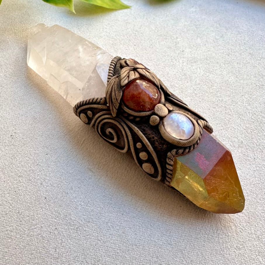 Raw Crystal Wand, Clear Quartz with Sunset Aura Quartz, Moonstone, Sunstone and Red Garnet - FairyGardenGlow