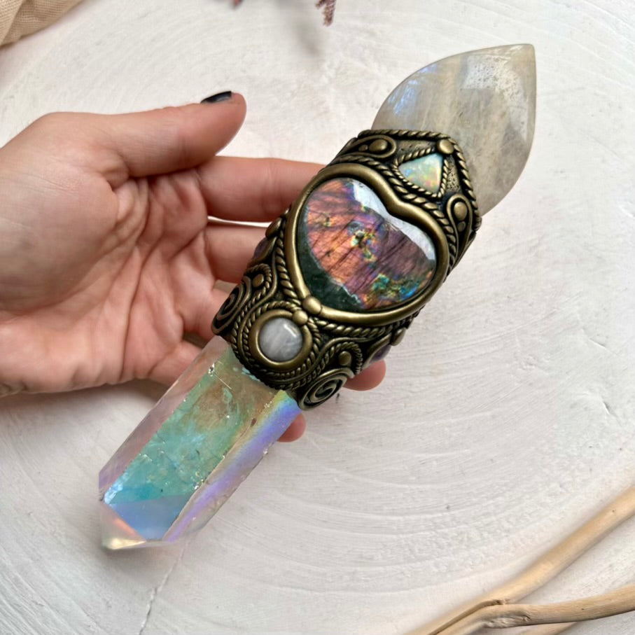 Raw crystal wand with Angel Aura Quartz point, Moonstone flame and Labradorite heart