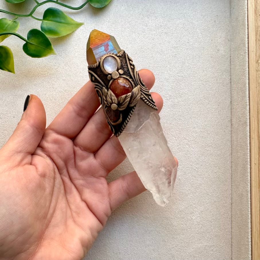Raw Crystal Wand, Clear Quartz with Sunset Aura Quartz, Moonstone, Sunstone and Red Garnet - FairyGardenGlow