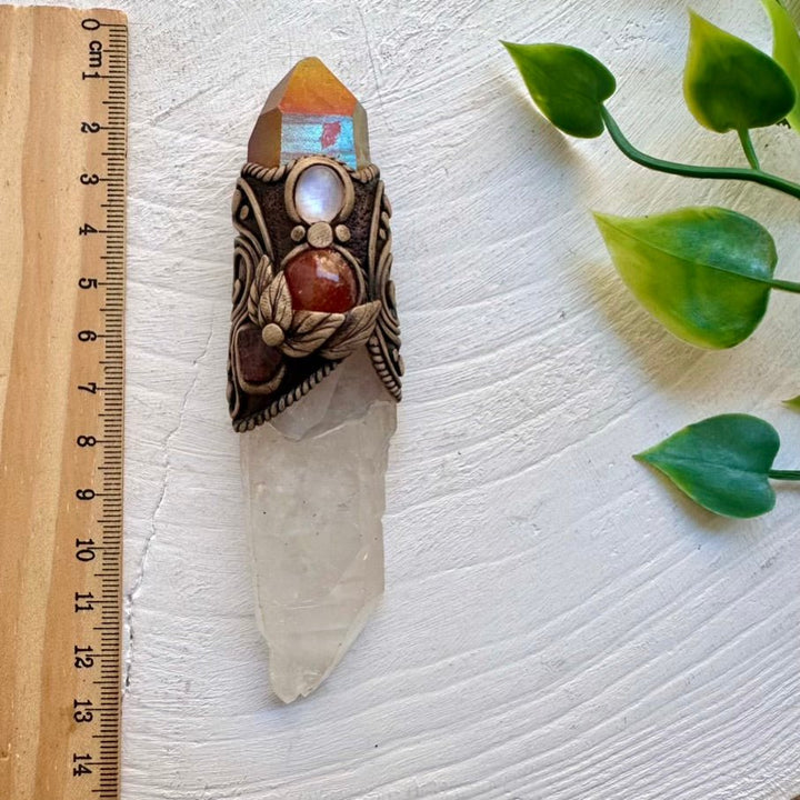 Raw Crystal Wand, Clear Quartz with Sunset Aura Quartz, Moonstone, Sunstone and Red Garnet - FairyGardenGlow
